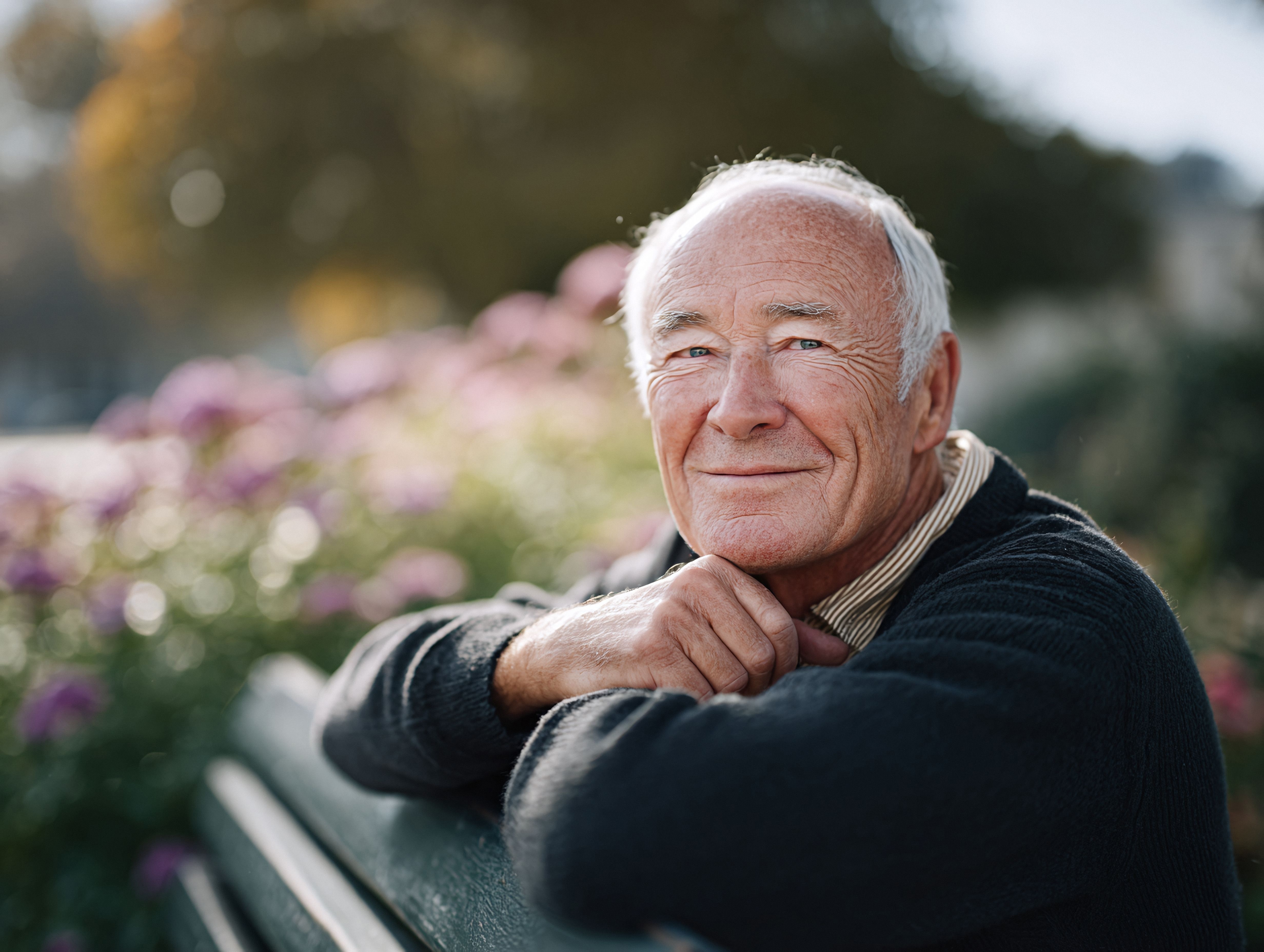 A confident older man or woman smiling with friends at a café (social normality, post-treatment calm).