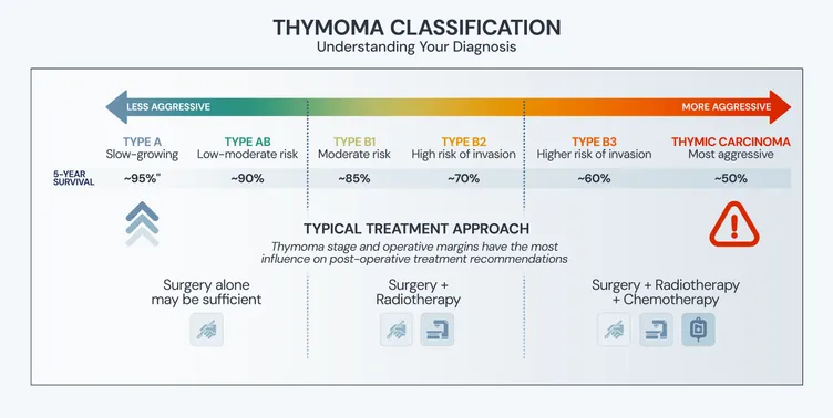 hymoma classification chart explaining tumour types A, AB, B1, B2, B3, and thymic carcinoma, showing increasing aggressiveness from left to right, five-year survival rates (~95% to ~50%), and corresponding treatment approaches—surgery alone, surgery with radiotherapy, and surgery with radiotherapy plus chemotherapy.