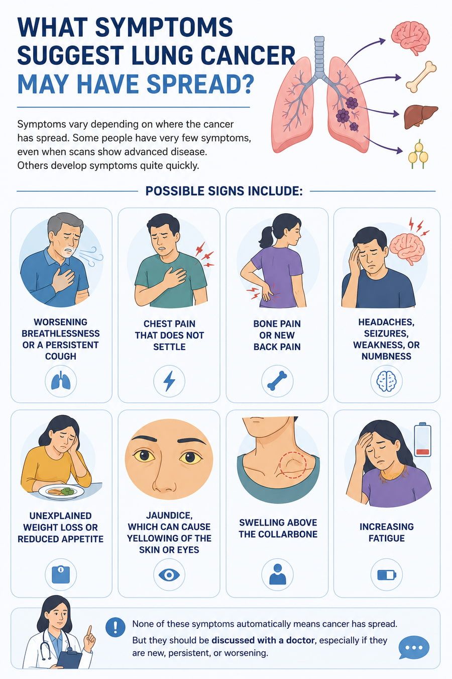 What symptoms suggest lung cancer may have spread?